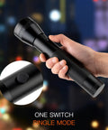 Person holding Heavy Duty Aluminum 2D Cell Big Flashlight With High Lumens, Single Mode Operation, close-up of power switch