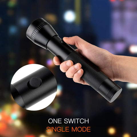 Person holding Heavy Duty Aluminum 2D Cell Big Flashlight With High Lumens, Single Mode Operation, close-up of power switch