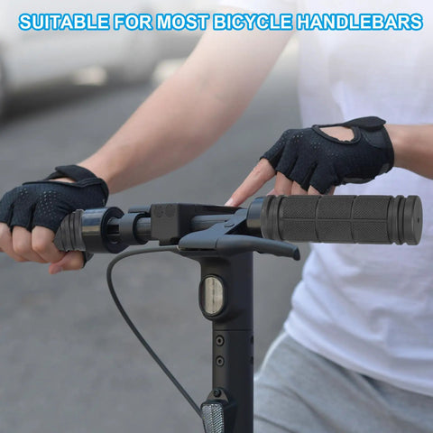 Person holding handlebars with Brown Non Slip Bike Handlebar Grips Set 4.72 Inch Length Rubber Grips for BMX MTB Cruiser Scooter.