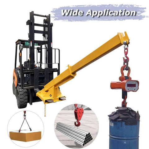 Heavy Duty Adjustable Forklift Jib Boom Crane With 6600Lb Three Ton Capacity lifting heavy materials with telescopic arm and hoist.