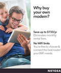 Father and son using tablet, discussing saving on fees by purchasing CM500 cable modem, compatible with Xfinity and Cox.