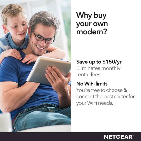 Father and son using tablet, discussing saving on fees by purchasing CM500 cable modem, compatible with Xfinity and Cox.