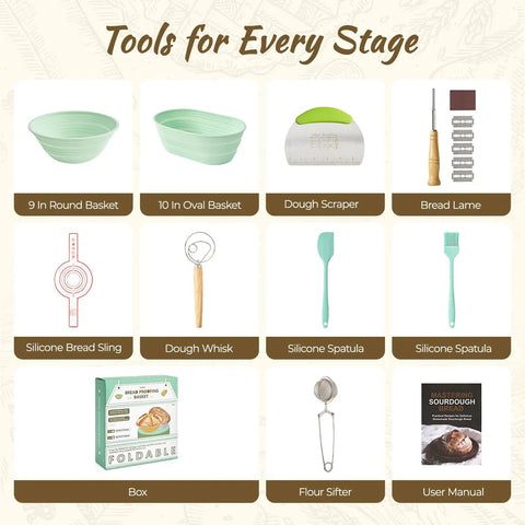 Complete Sourdough Starter Kit With 9-Inch Round And 10-Inch Oval Banneton Proofing Baskets Plus 7 Essential Tools For Home Bakers