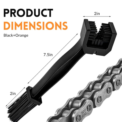 Two Pack Chain Cleaner Brush For Motorcycle And Bicycle Chains With Dual Ended Design Three Sided And Long Bristles Scrub Tool Dirt Remover For Crankset And Gear with product dimensions shown