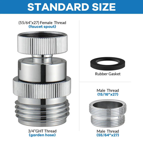 Sink Faucet To Garden Hose Adapter With 360 Degree Swivel Ball Joint And Aerator, Chrome Finish, Three Quarter Inch GHT Thread, Kitchen And Bathroom Water Hose Connector For Flexible, Anti Kink Watering And Easy Hose Direction. standard size adapter with rubber gasket and threaded ends