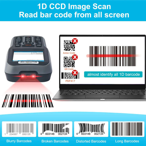 Pro Grade 1D Wireless CCD Barcode Scanner All In One With 2.8 Inch Color LCD Screen for Warehouse Inventory Management displaying a barcode scan on a laptop screen and sample barcodes.