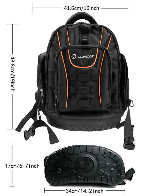 Painter Backpack Heavy Duty Multi Function Tool Backpack shown front and base with dimensions, black with orange trim.