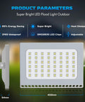 Product parameters image showcasing dimensions of 300W LED Flood Light Outdoor Security Lighting, 24000 Lumens, IP67 Waterproof.