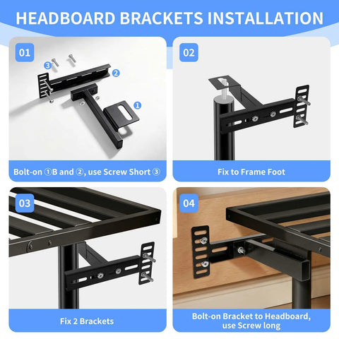 Installation guide for Heavy Duty Headboard Brackets For Adjustable Beds Slick Adjustable Frame Mounts, showing steps and components.