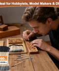 Man using 60Pcs Pen Style Sanding Sticks Double End 120 280 Grit For Plastic Models And Wood Precision Detail Sander on wood carving