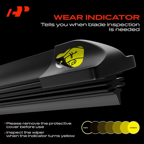 Top Tier 24 And 19 Inch Windshield Wiper Blades With Embedded Wear Indicator showing close-up of wear indicator for inspection.