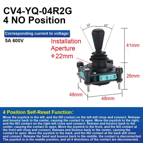Diagram of 4 Position Joystick Switch Controller With 4NO Momentary Contacts, 600V Panel Mount CV4-YQ-04R2G, installation dimensions.