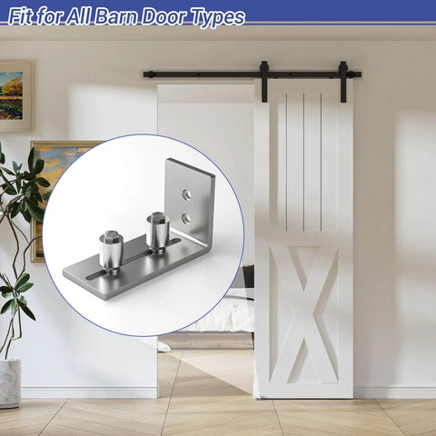 Bottom Floor Guide For Barn Doors Adjustable Stainless Steel Roller Wall Mounted Sliding Door Guide For Door Thickness Up To Two And One Eighth Inches Easy Installation Smooth Quiet Operation Flush Bottom Design No Groove Install, showing a stainless steel floor guide for barn doors, wall mounted.