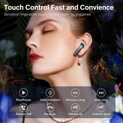 Woman using Wireless Earbuds With LED Power Display And 50 Hour Playtime Bluetooth 5.3 HiFi Stereo Earphones ENC Noise Cancellation