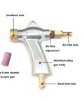 Pro Grade Sandblaster Gun Kit For Cabinet Sandblasting With Foot Valve And Media Pack Includes Pneumatic Foot Pedal Three Way Valve And All Essential Machine Accessories For Smooth Sanding And Glass Etching showing aluminum alloy gun body, sandblast hole, and ceramic nozzle.