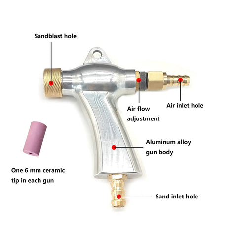 Pro Grade Sandblaster Gun Kit For Cabinet Sandblasting With Foot Valve And Media Pack Includes Pneumatic Foot Pedal Three Way Valve And All Essential Machine Accessories For Smooth Sanding And Glass Etching showing aluminum alloy gun body, sandblast hole, and ceramic nozzle.