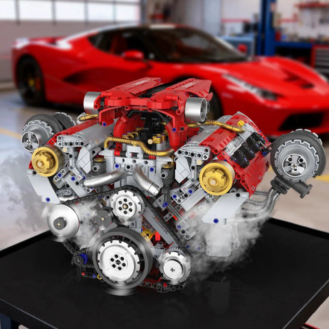 Realistic V8 Engine Building Kit For Adults Gearhead Friendly Build Your Own Model Engine with red car backdrop