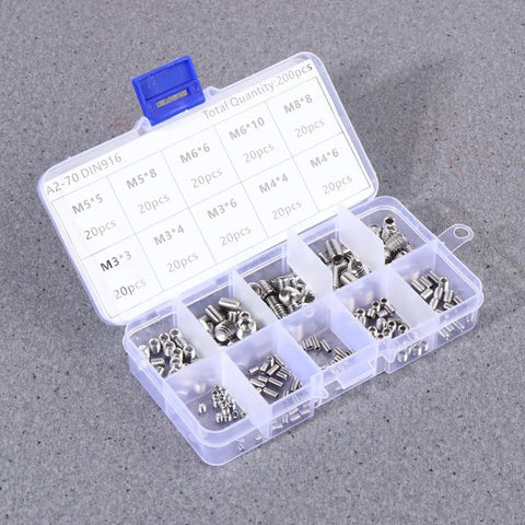 Stainless Steel Hex Socket Grub Screws Kit 200 Piece Assortment For Heavy Duty Gear Locating With Flat Point and Headless Design Pro Grade High Tensile Strength and Galling Resistance for Industrial Use Includes M5 plastic case with assorted stainless steel set screws