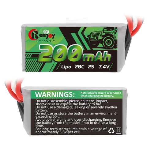 Front and back view of 2 Pack 7.4V LiPo Battery 2S 20C 200mAh Rechargeable Lithium Battery With PH2.0 Plug for RC Cars and Trucks