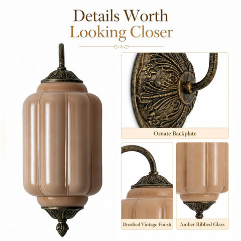 RONGHUAFUGUI Vintage Modern Wall Sconce with Amber Glass showcasing brushed vintage finish and amber ribbed glass shade.
