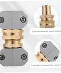 Adorable Garden Hose Repair Kit With Aluminum Alloy Fittings Ensures No Leaks So You Can Blast Your Yard Clean Without Hassle And Ditch The Old Broken Connectors For Smooth Simple Connections Today. Brass and gray hose connector close-up