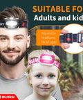 Hands-Free LED Headlamp for Adults and Kids, Ultra Lightweight Waterproof Headlight with White and Red Light shown on adult and child