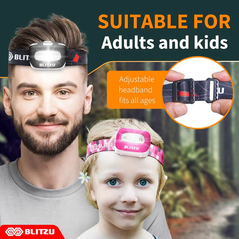 Hands-Free LED Headlamp for Adults and Kids, Ultra Lightweight Waterproof Headlight with White and Red Light shown on adult and child
