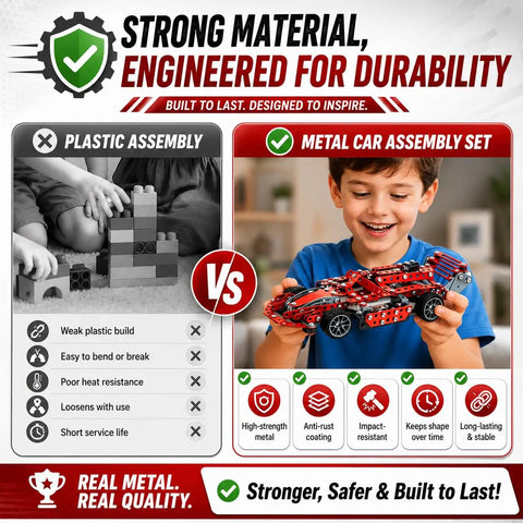 Comparison of plastic vs Metal Model Racing Car Kit With 287 Pieces For Kids 8 Plus STEM Building Toy, boy holding metal car model.