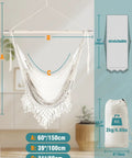 Cotton Rope Hammock Chair With Macrame Swings, Handmade Hanging Seat shown with dimensions, collapsible bar, indoor use