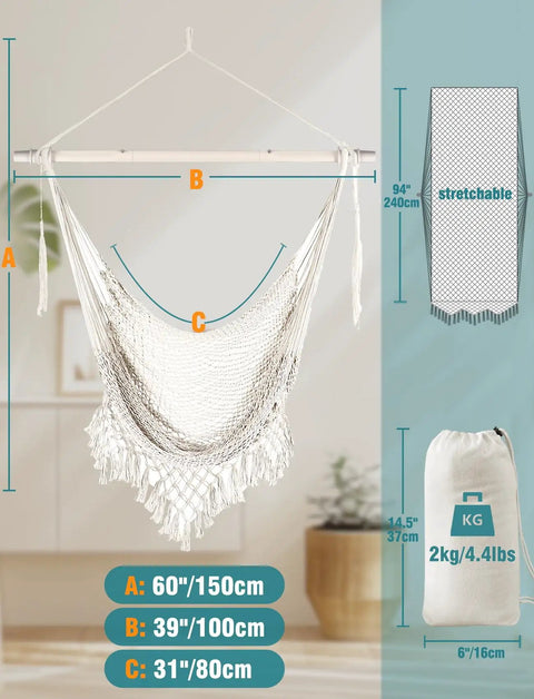 Cotton Rope Hammock Chair With Macrame Swings, Handmade Hanging Seat shown with dimensions, collapsible bar, indoor use