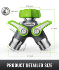 RainPoint 2-way garden hose splitter, green metal body with dual shutoff handles, 3/4-inch GHT threads.