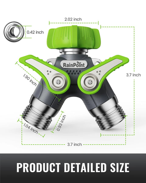 RainPoint 2-way garden hose splitter, green metal body with dual shutoff handles, 3/4-inch GHT threads.