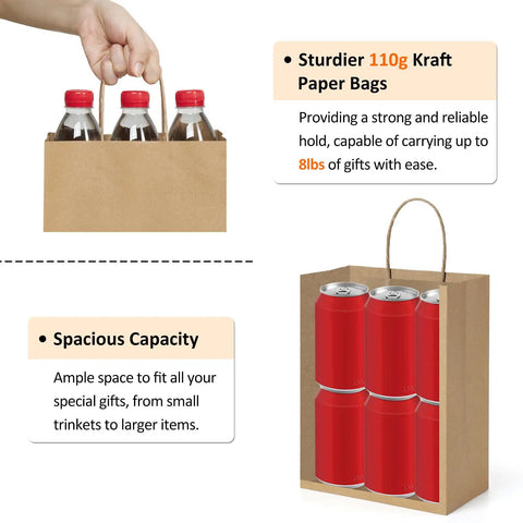 Kraft Paper Gift Bags With Handles 8x4.25x10.5 Inches Bulk Pack Of 100 Brown Recycled Bags displaying bottles and cans inside