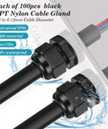 100 Pack 1/2 NPT Black Nylon Cable Glands IP68 Waterproof with adjustable locknut installed in panel.