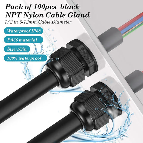 100 Pack 1/2 NPT Black Nylon Cable Glands IP68 Waterproof with adjustable locknut installed in panel.