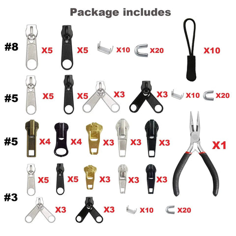 Zipper Repair Kit 169Pcs With Sliders, Stops, Top And Bottom, Pliers Tool And Extension Pulls for Clothing and Luggage