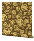 Premium Brown Gold Metallic Wallpaper With Block Print And Textured Finish For Modern Home Decor showing floral pattern on dark background.