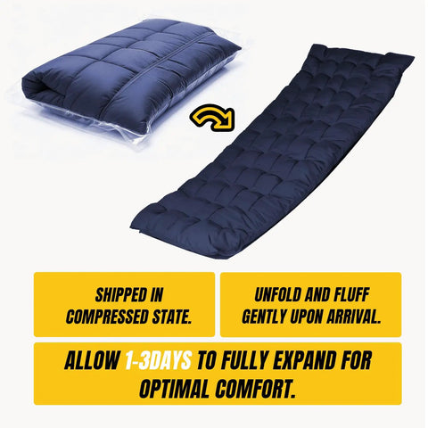 Compressed mattress of Heavy Duty Folding Camping Cot For Adults 600 Lb Max Load 28 Inch Wide with instructions to unfold and fluff.