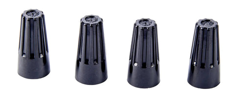 Row of black Hi Temp Screw On Wire Connectors for 22 to 14 AWG Electrical Wires, showing fluted design for easy twist-on