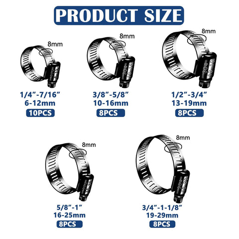 42 Piece Black Stainless Steel Hose Clamps Kit For DIY Auto Repairs With Metal Adjustable Worm Gear Clamps size chart