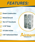 2x4 Inch Utility Electrical Box Kit With Duplex Receptacle Cover Tamper Resistant 20 Amp Outlet Green Grounding Wire And Ground Screw Ten Half Inch Knockouts Complete Junction Box Set For Easy DIY Install showing galvanized steel junction box with features list on the side