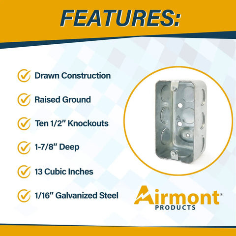 2x4 Inch Utility Electrical Box Kit With Duplex Receptacle Cover Tamper Resistant 20 Amp Outlet Green Grounding Wire And Ground Screw Ten Half Inch Knockouts Complete Junction Box Set For Easy DIY Install showing galvanized steel junction box with features list on the side