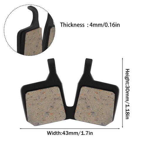 4 Pairs Bike Brake Pads Kit For Disc Brakes Replacement With Resin And Semi Metallic Material Quiet Wear Resistant And Low Noise Braking Convenient Set For Quick Swap Compatible With Magura MT5 MT7 showing dimensions and material detail