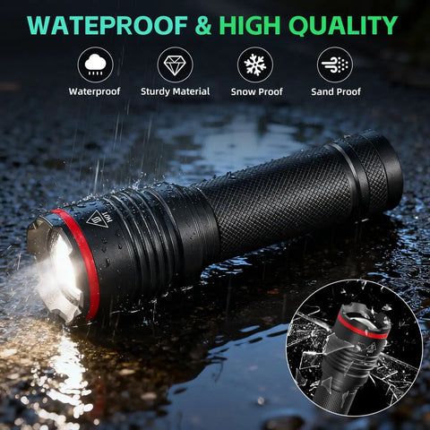 Waterproof Six Pack Rechargeable LED Flashlights With High Lumen Output in rain, black aluminum, close-up of light.