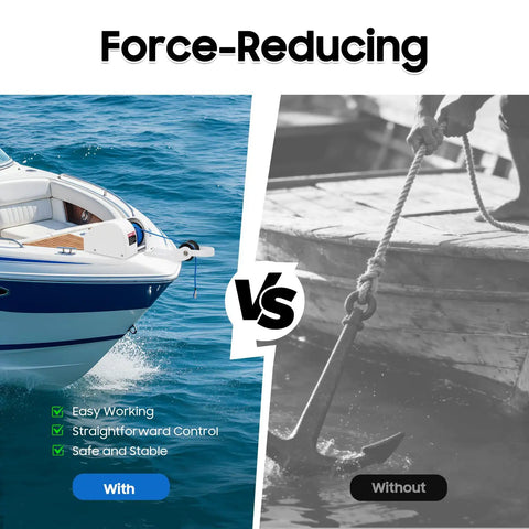 Comparison image showing 25 LBS Electric Anchor Winch with Wireless Remote for Boats in Saltwater vs. manual anchor handling, highlighting ease of use.