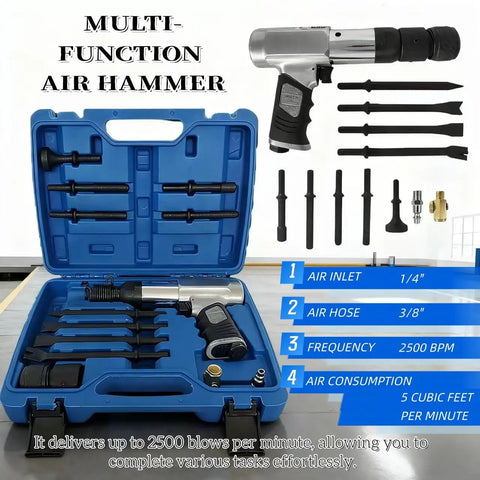 Beast Mode Heavy Duty Air Hammer Kit With 13 Attachments showing hammer and case, 2500 BPM specifications on display