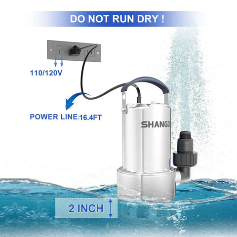 1 HP Submersible Sump Pump, 4500 GPH Water Transfer Pump With Stainless Steel Build in water, 2-inch suction, power line in view
