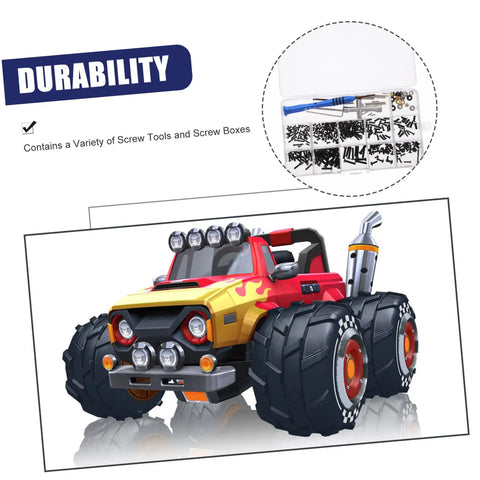 RC Car Screw Tool Kit With Compact Case Includes Nuts Bolts And Tools For Various Models Essential Maintenance Set With Durable Iron Fasteners And Metric Screw Assortment For DIY Repairs shown alongside toy monster truck in vibrant colors.
