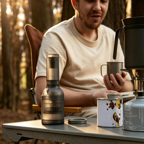 Kick Up Your Daily Brew Game With This Portable Electric Coffee Grinder Featuring 45 Precision Settings And Stainless Steel Conical Burrs A Straight Up Game Changer For Espresso Pour Over Drip Or Cold Brew Creations All Day on a camping table with a man.