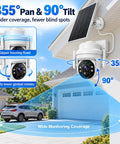 Wireless 2K HD Outdoor Security Camera With Massive 6000mAh Battery And Smart AI Motion Alerts And Rockin Night Vision And Crystal Clear Two Way Audio And Rugged IP65 Weather Armor For Home Defense White showing 355° pan and 90° tilt features.